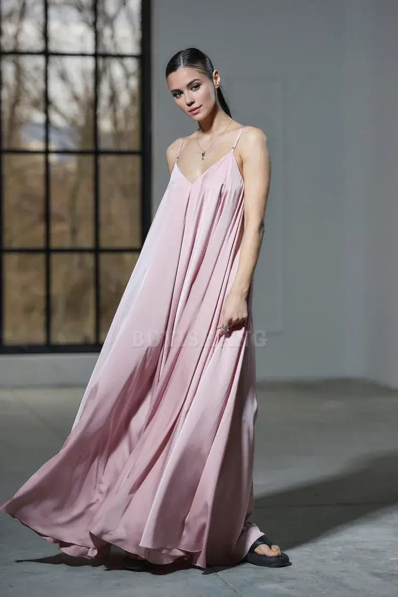 Buyishang Floor length powder pink satin slip dress Maxi silk dress Plus sizes available Cocktail and evenin womens clothing